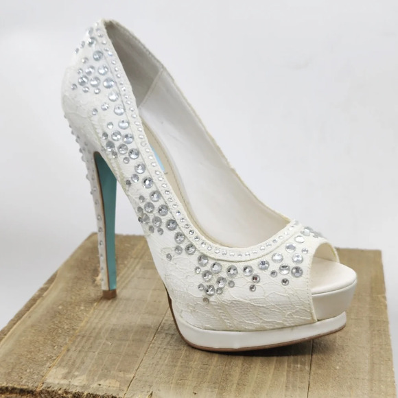 Betsey Johnson Blue White Lace Rhinestone Platform Heels / Fits 6.5 - Picture 1 of 9